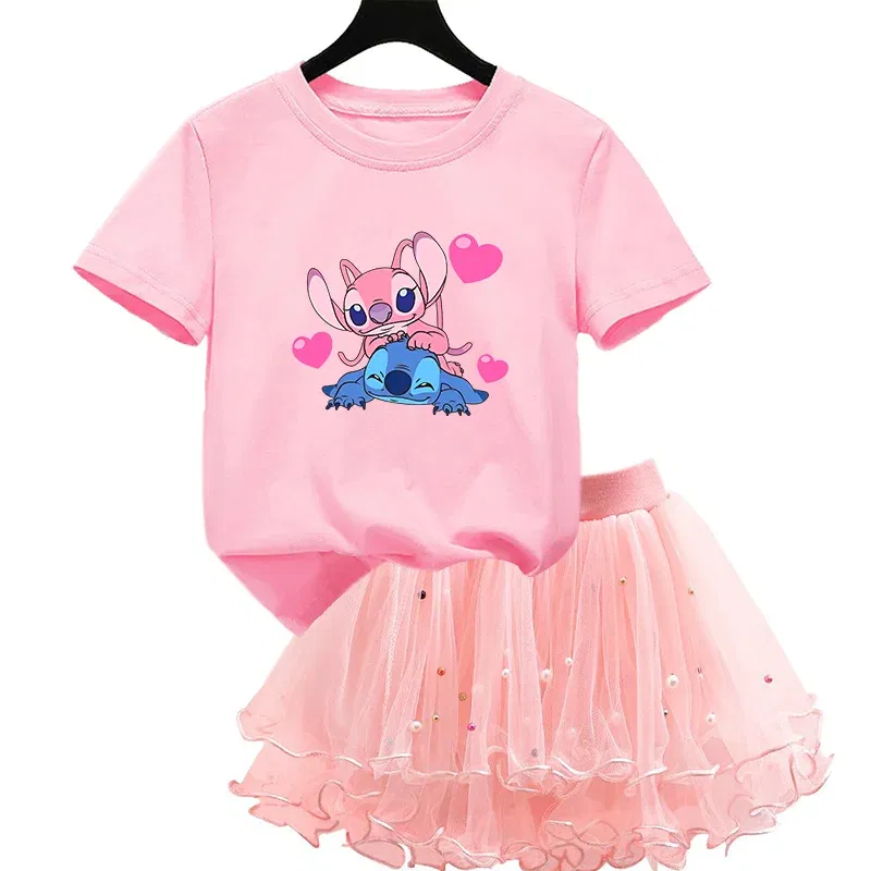 Color: WHITE, Kid Size: 4 - 2pcs Lilo Stitch Summer Girls Outfits Cartoon T-shirt and Tutu Skirt Princess Clothes Suit Children Birthday Clothing Sets
