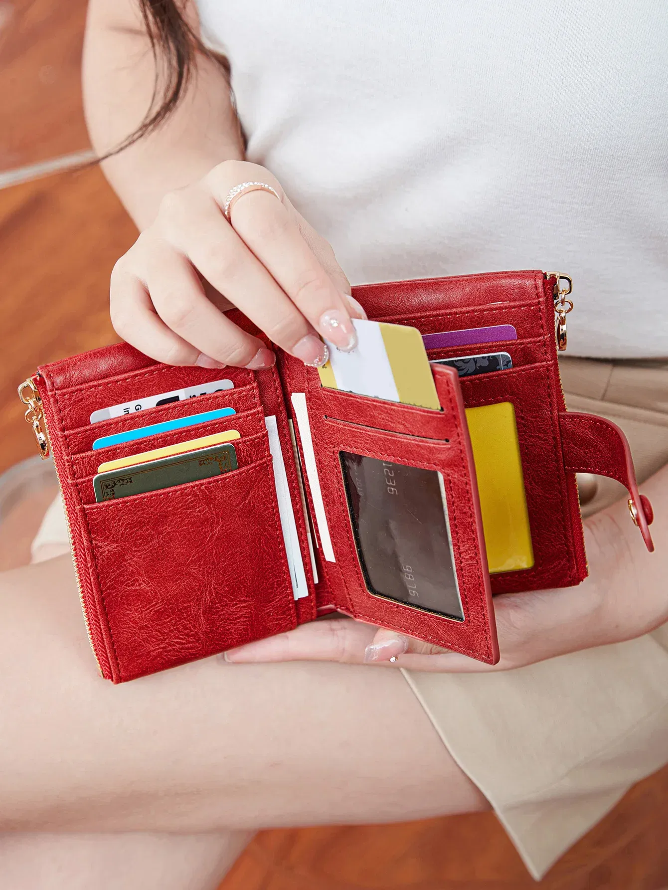 Color: GRAY - Minimalist Women's Wallet Short Three Layer Large Capacity Double Zipper Card Holder ID Card Credit Bank Card Holder Money Bag