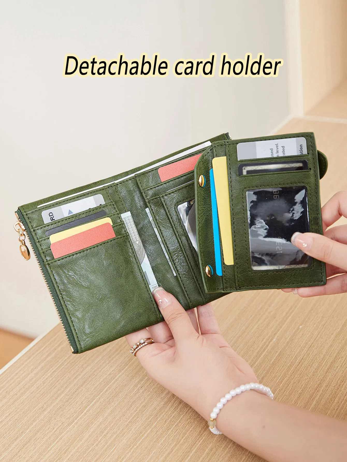 Color: GRAY - Minimalist Women's Wallet Short Three Layer Large Capacity Double Zipper Card Holder ID Card Credit Bank Card Holder Money Bag