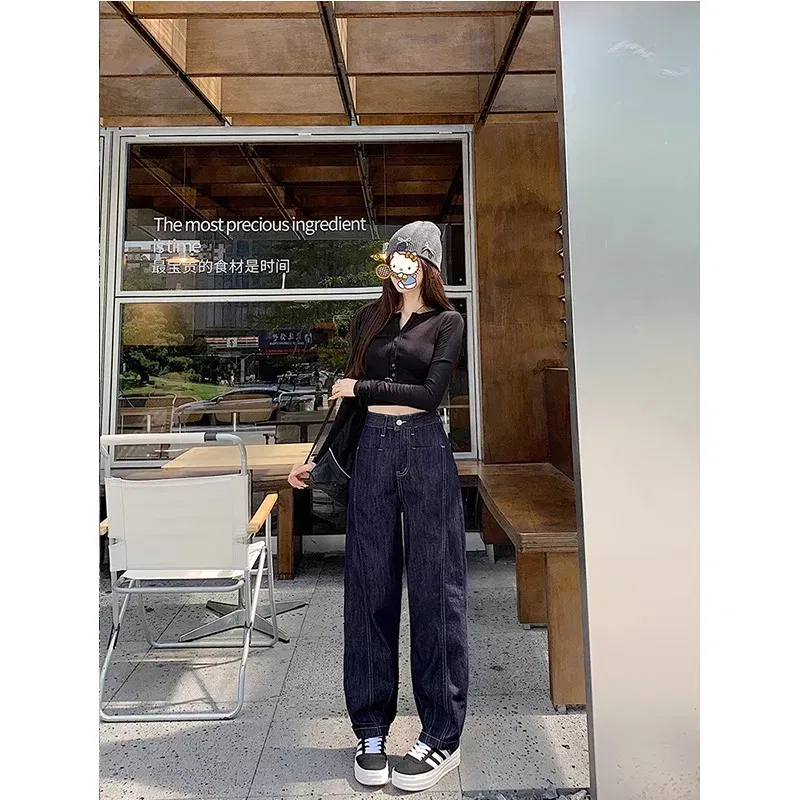 Color: Blue, Size: XXXL - Retro wide leg jeans women's 2025 new high waist small figure chubby girl versatile four seasons slimming straight leg pants