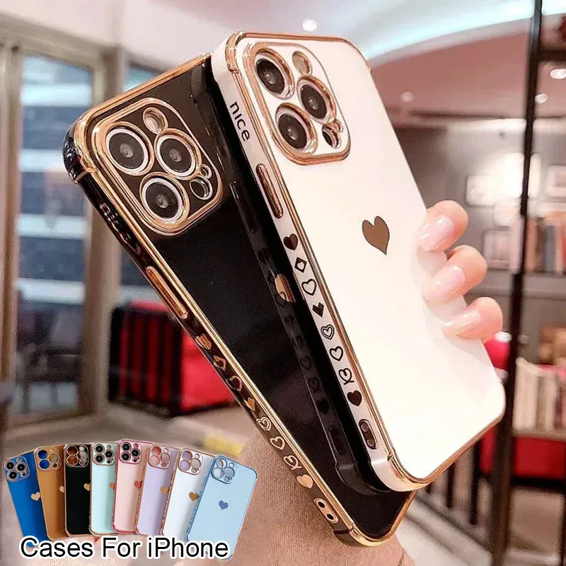 Color: MULTI, Ships From: CN, Material: PC + TPU - Electroplating Side Love Heart Phone Case For IPhone 16 15 14 13 12 11 Pro Max XR 8 Plus SE2/SE3 Shockproof Back Cover