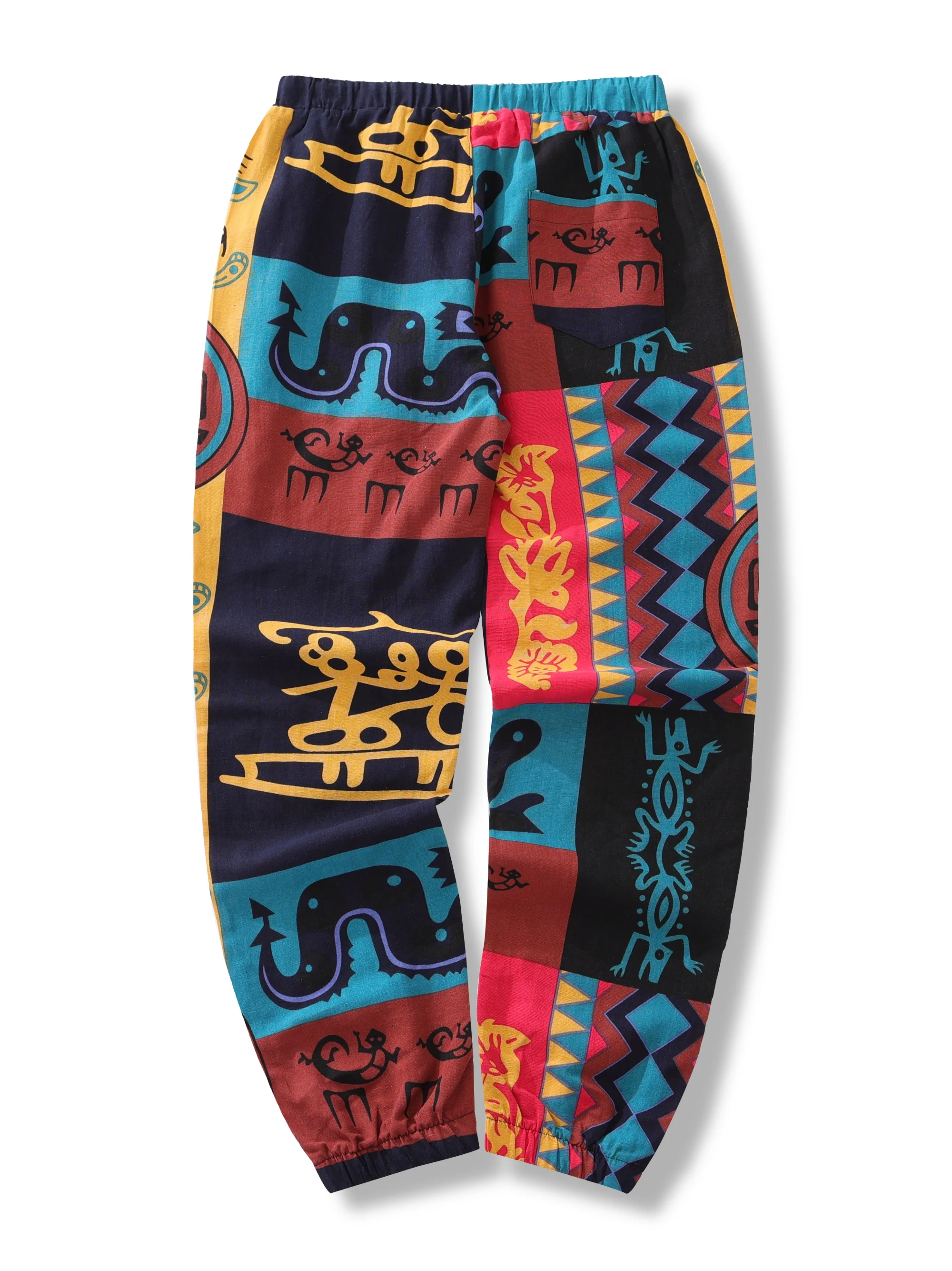 Color: SKY BLUE, Size: XXL - Mens Boho Tribal Print Stretch Linen Pnats Cotton Blend Drawstring LightWeight Trousers with Pockets Summer Jogger Pants