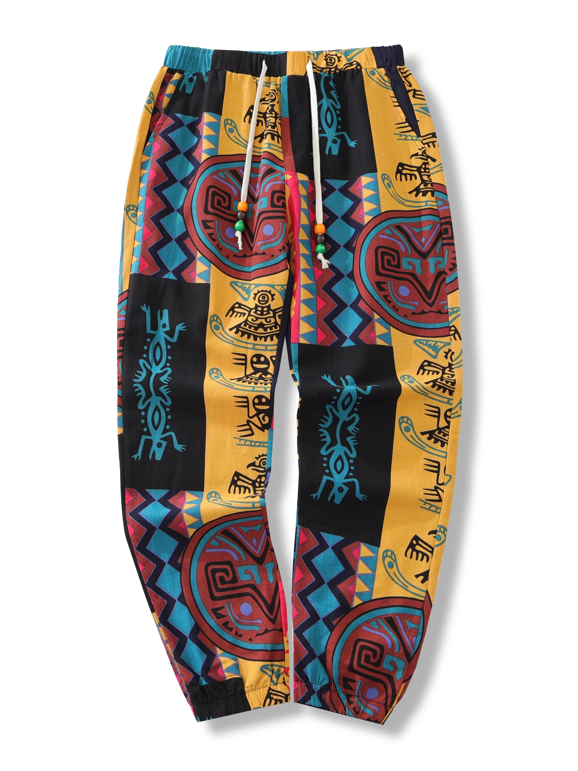Color: SKY BLUE, Size: XXL - Mens Boho Tribal Print Stretch Linen Pnats Cotton Blend Drawstring LightWeight Trousers with Pockets Summer Jogger Pants