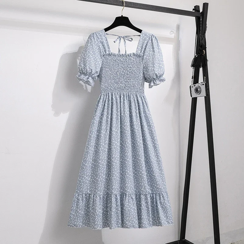 Color: Red, Size: One Size - Spring Summer Chiffon Dresses Fashion Female Elastic Waist Short Sleeve Pleated Casual Dress Women A-line Dresses Vestidos