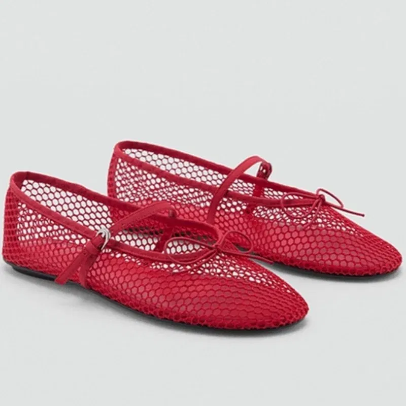 Color: Red, Shoe Size: 36, Ships From: CHINA - Mesh Summer Ballet Flats Shoes Women Buckle Strap Breathable 2025 New Flats Shoes Ladies Black Mary Janes Footwear Loafers
