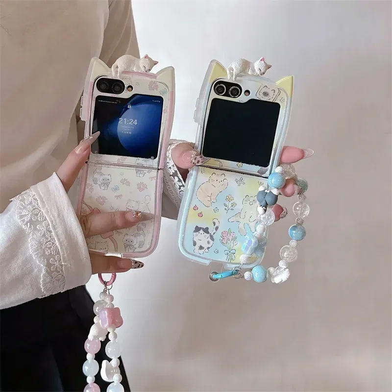 Color: Khaki, Material: Microfiber - 3D Flower Cat Bracelet Phone Case For Samsung Galaxy Z Flip 7 FE 6 5 4 3 ZFlip6 Z Flip6 ZFlip 6 Cat Ears Shockproof Cover