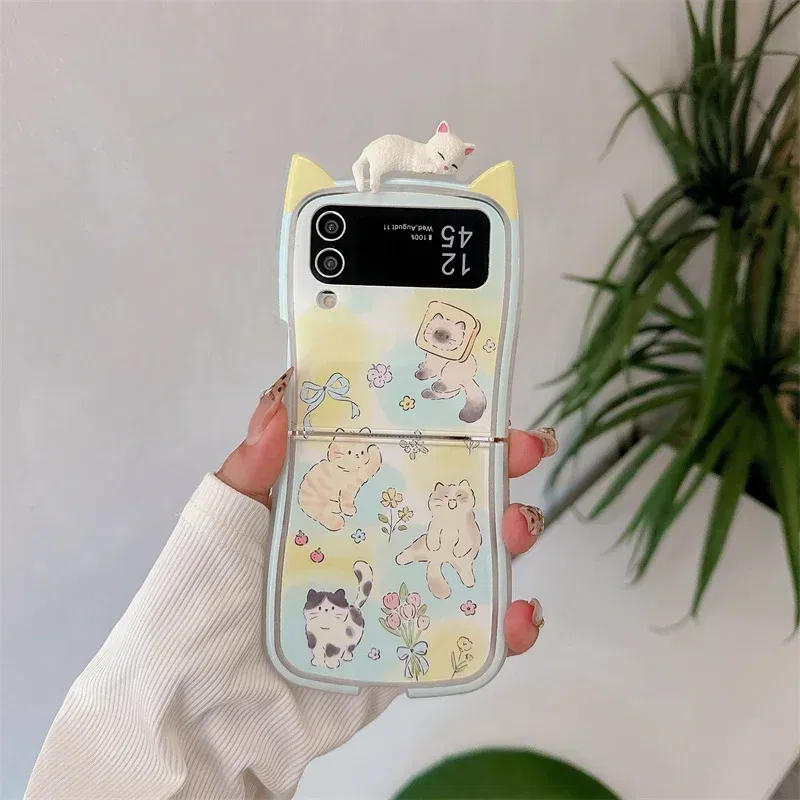 Color: Khaki, Material: Microfiber - 3D Flower Cat Bracelet Phone Case For Samsung Galaxy Z Flip 7 FE 6 5 4 3 ZFlip6 Z Flip6 ZFlip 6 Cat Ears Shockproof Cover