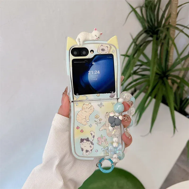 Color: Khaki, Material: Microfiber - 3D Flower Cat Bracelet Phone Case For Samsung Galaxy Z Flip 7 FE 6 5 4 3 ZFlip6 Z Flip6 ZFlip 6 Cat Ears Shockproof Cover