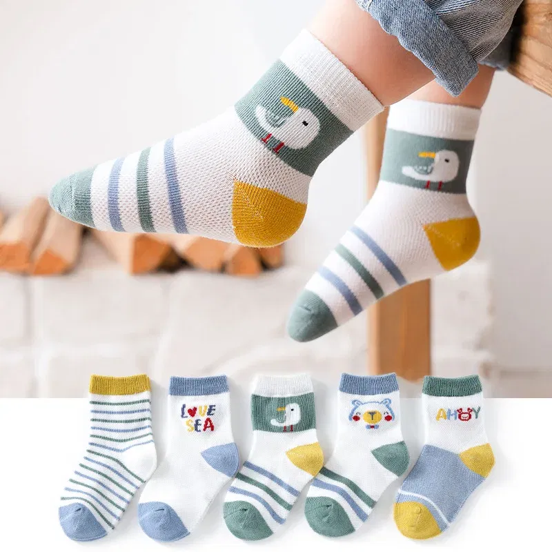 Color: SKY BLUE, Size: 7-9T - Baby Socks Summer Mesh Socks Childrens' Summer Socks Breathable Cotton Socks for Boys 5 Pairs/lot