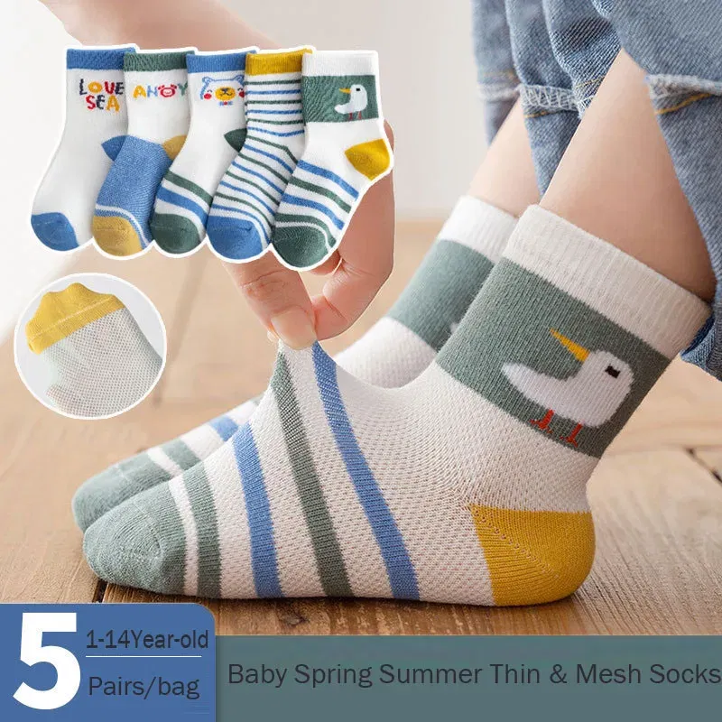 Color: SKY BLUE, Size: 7-9T - Baby Socks Summer Mesh Socks Childrens' Summer Socks Breathable Cotton Socks for Boys 5 Pairs/lot