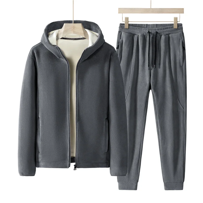 Color: Brown, Size: L - Plus Size 7xl 8xl Men's 2pcs Tracksuit Sets Winter Warm Polar Fleece Liner Jacket+pants Set Men Casual Thick Sportswear Clothes