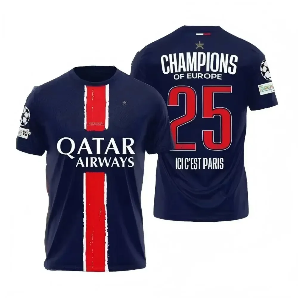 Color: black, Size: L - Paris Saint Germain Champion Men's 3D Printed Sports Fast Drying Breathable T-shirt Football T-shirt Family Children's T-shirt