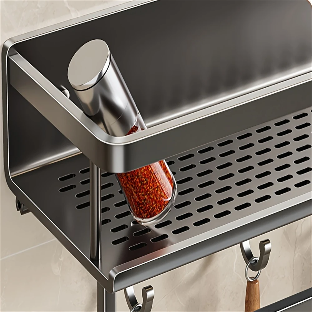 Color: Clear - Multifunctional Kitchen and Bath Tray Wall-Mounted Aluminum Storage Rack Seasoning Bottle Storage Shelf Kitchen Storage Hooks