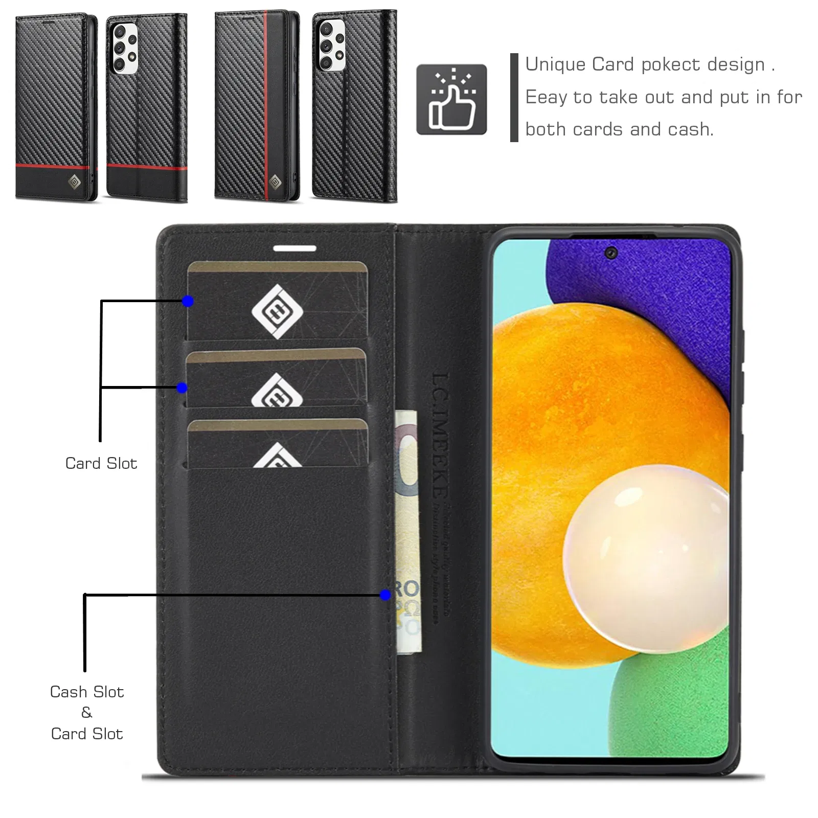 Color: Black, Material: PC + TPU - Carbon Fiber Leather Case for Samsung A14 A24 A34 A54 5G A13 A23 A33 A53 Galaxy A52 A72 A32 A12 A04S A02S Wallet Card Slot Cover