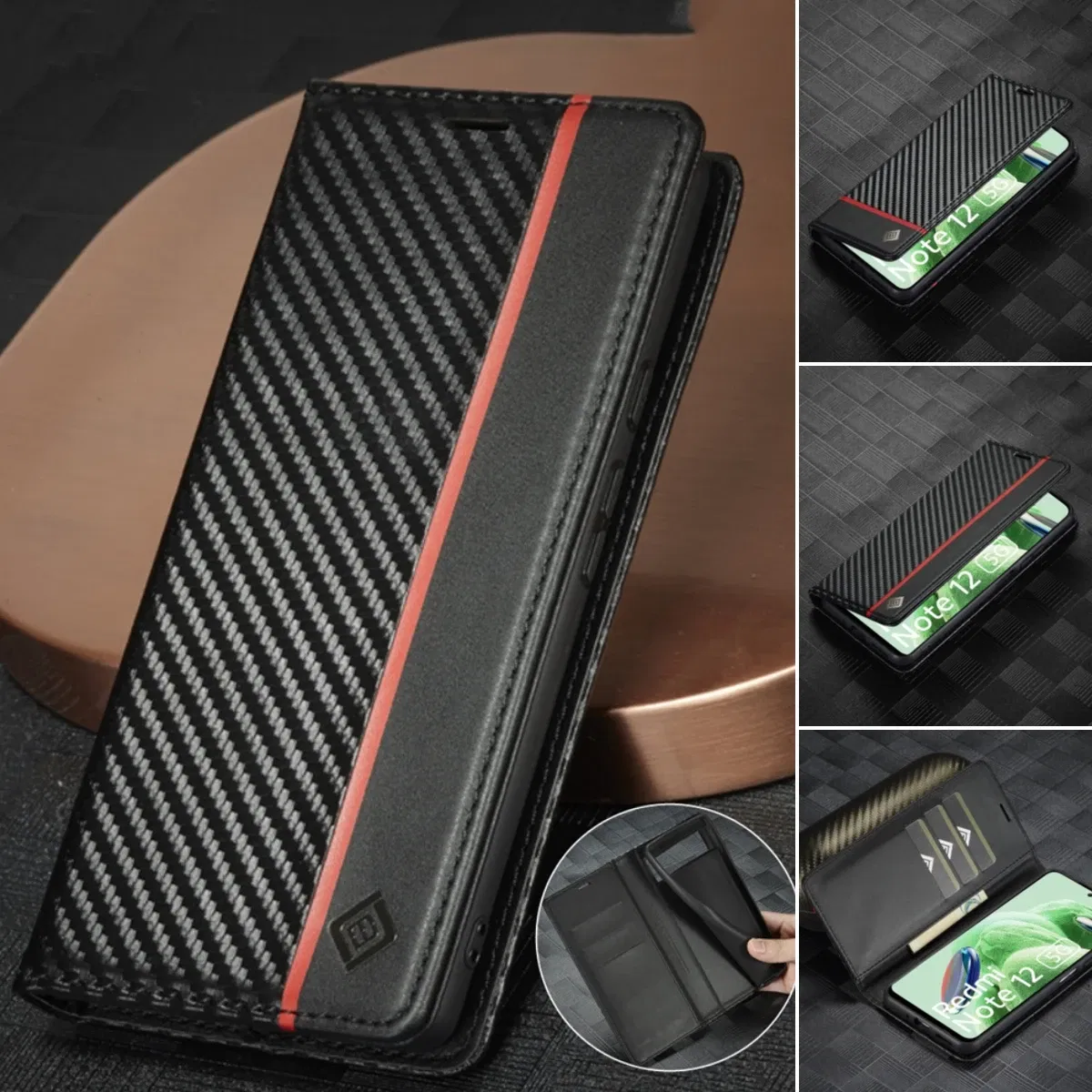 Color: Black, Material: PC + TPU - Carbon Fiber Leather Case for Samsung A14 A24 A34 A54 5G A13 A23 A33 A53 Galaxy A52 A72 A32 A12 A04S A02S Wallet Card Slot Cover
