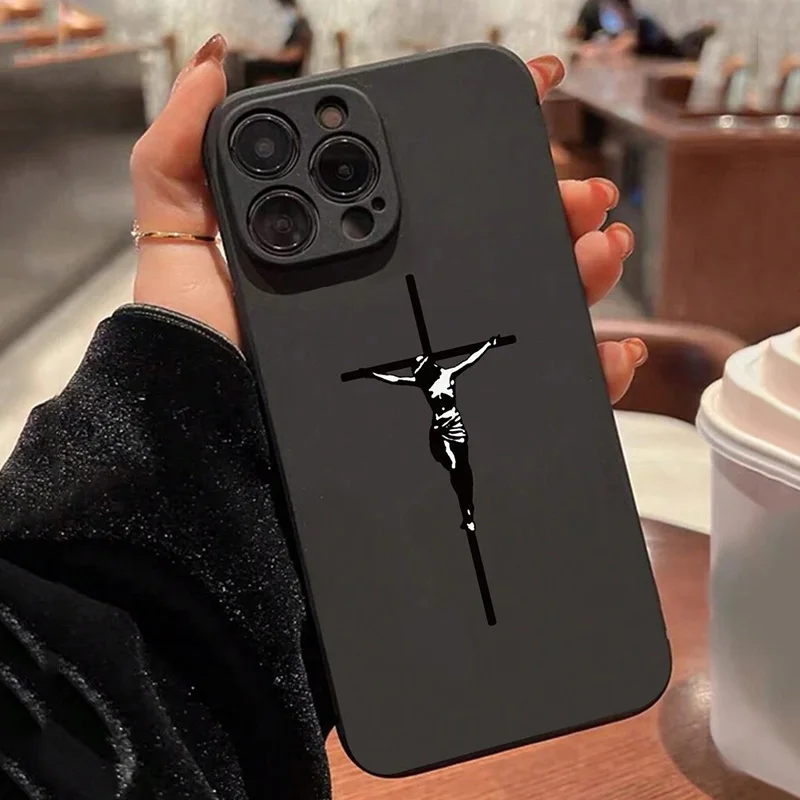 Color: SKY BLUE, Compatible-Phone Models: For iPhone 15 Plus - Jesus Cross Painted Phone Case For iPhone 16 15 14 13 12 11 Pro Max XS X XR 7 8 Plus Mini SE 2020 2022