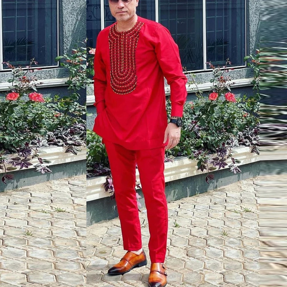 Color: Khaki, Size: 4XL - New Kaunda Boutique Men's Set Fashionable Red Luxury Grand Round Neck Embroidery Slim Fit Two Piece Wedding Festival Set