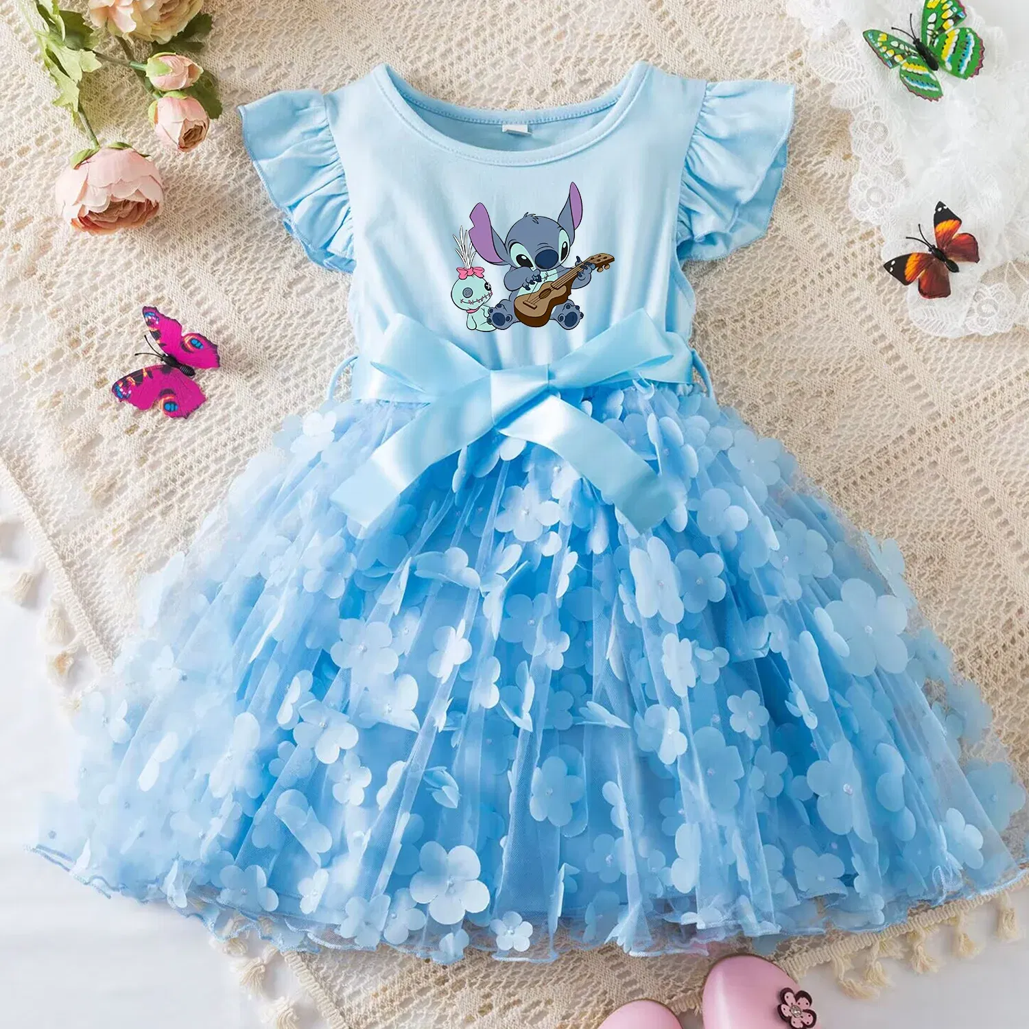 Color: Brown, Size: M - 3D Butterfly Cute Lilo Stitch Summer Dress for Kid's Casual Clothes Baby Girls Beautiful Princess Dress Party Dresses 2-6 Yrs