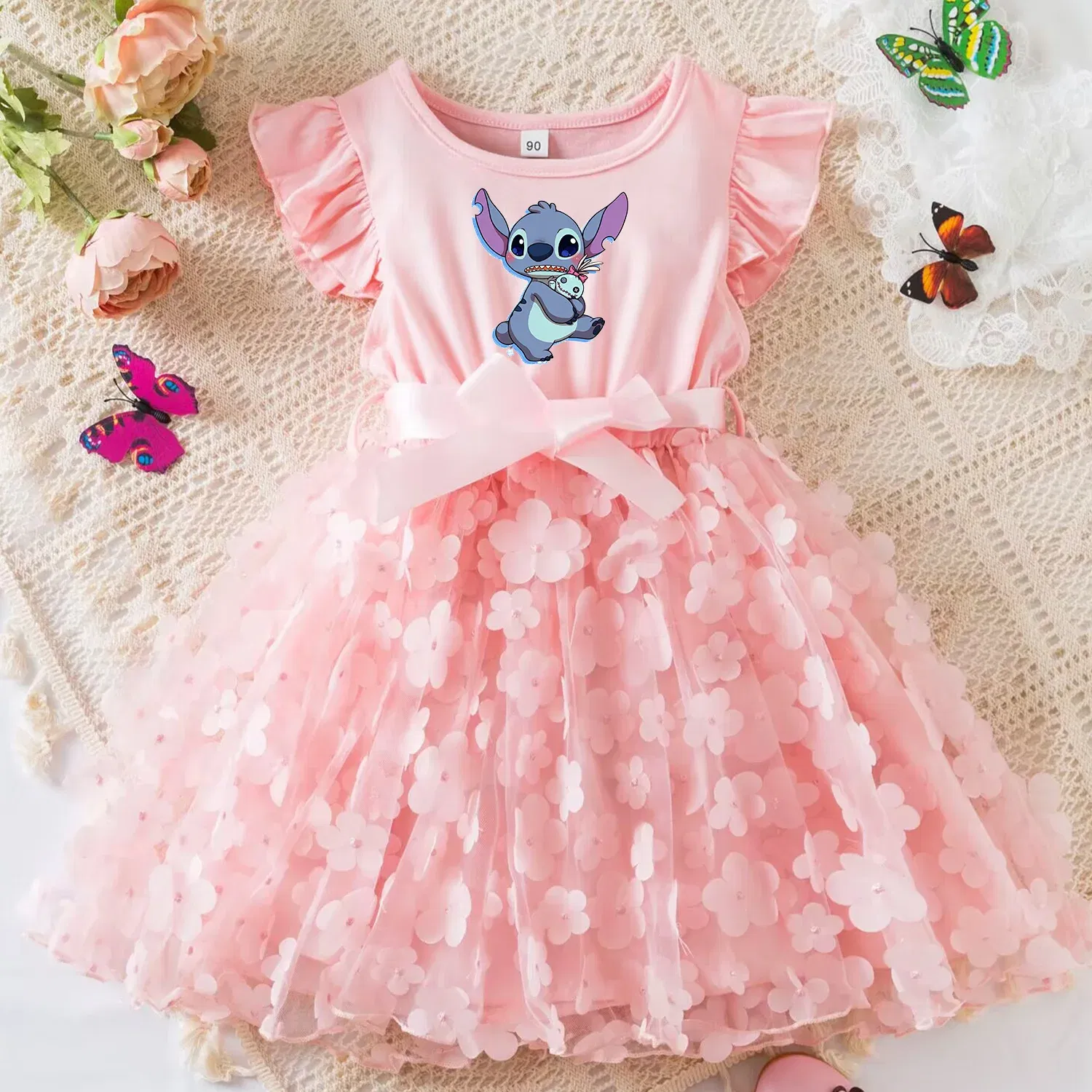 Color: Brown, Size: M - 3D Butterfly Cute Lilo Stitch Summer Dress for Kid's Casual Clothes Baby Girls Beautiful Princess Dress Party Dresses 2-6 Yrs