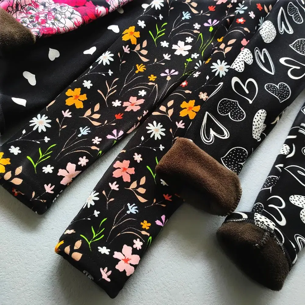 Color: Red, Kid Size: 9 - Autumn Winter Print Flowers Thick Warm Kids Toddler Baby Girls Leggings Children's Pants