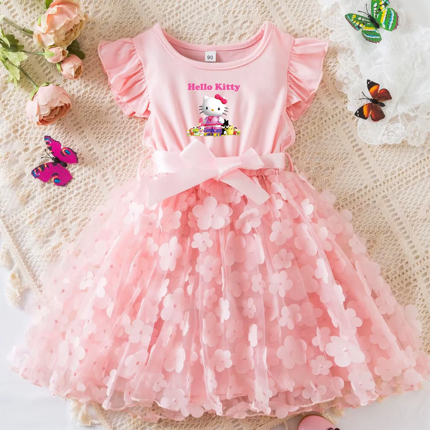 Color: army green, Size: M - Hello Kitty Summer Dress for Kid's Casual Clothes 3D Butterfly Cute Baby Girls Princess Dress Party Dresses 2-6 Yrs