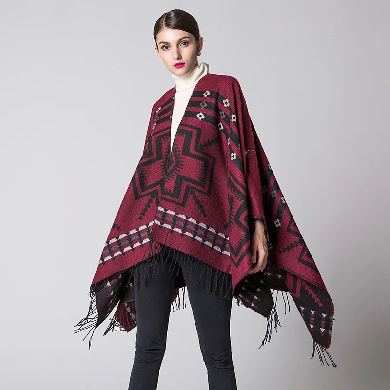 Color: GRAY, Size: One Size, Ships From: CHINA - European American Popular Tassel Thickened Cashmere Like National Style Travel Fork Shawl Scarf in autumn Ponchos Capes