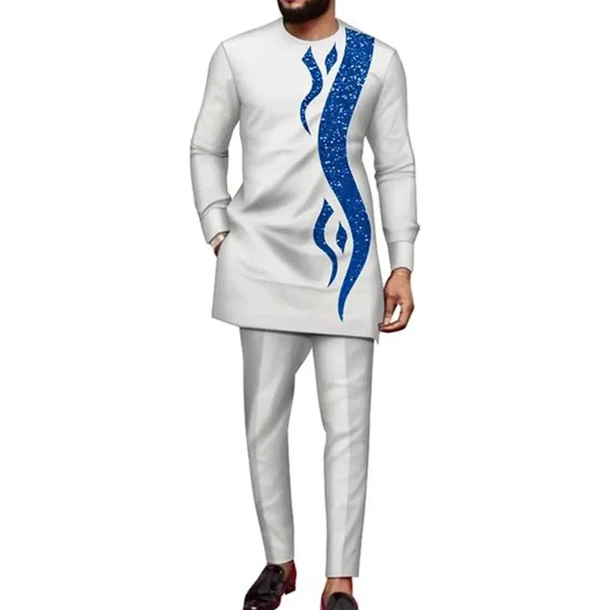 Color: GRAY, Size: S - 2025 New men's suit, white pocket, 2-piece set, luxury wedding casual suit, traditional African style of ethnic minorities