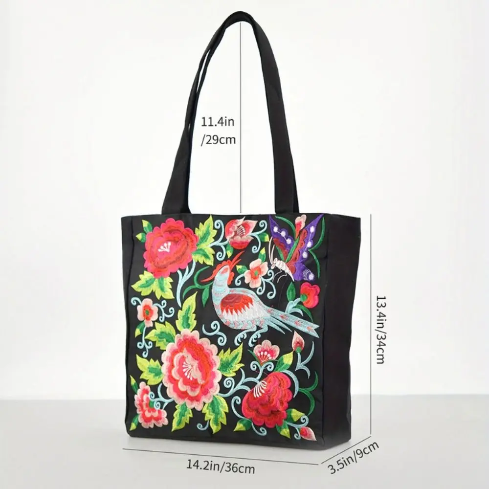 Color: Blue - Ethnic Style Women Shoulder Bag Casual Canvas Large Capacity Embroidered Tote Bag Handbag Colorful Shopping Bag