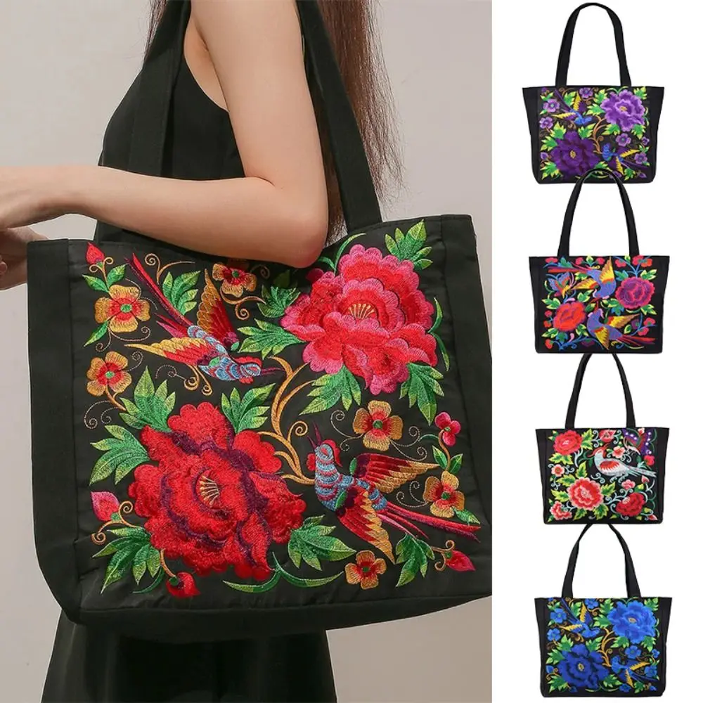 Color: Blue - Ethnic Style Women Shoulder Bag Casual Canvas Large Capacity Embroidered Tote Bag Handbag Colorful Shopping Bag