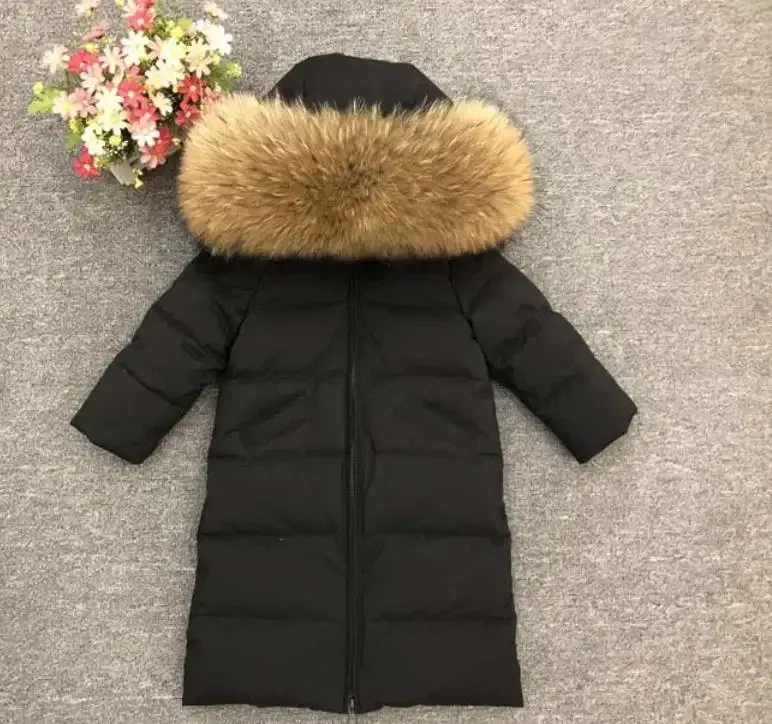 Color: black, Kid Size: 8 - Children Girl boy Winter real fur thickened down jackets 90 down Long Coat jacket overcoat baby kids clothing -30 outwear ws1245