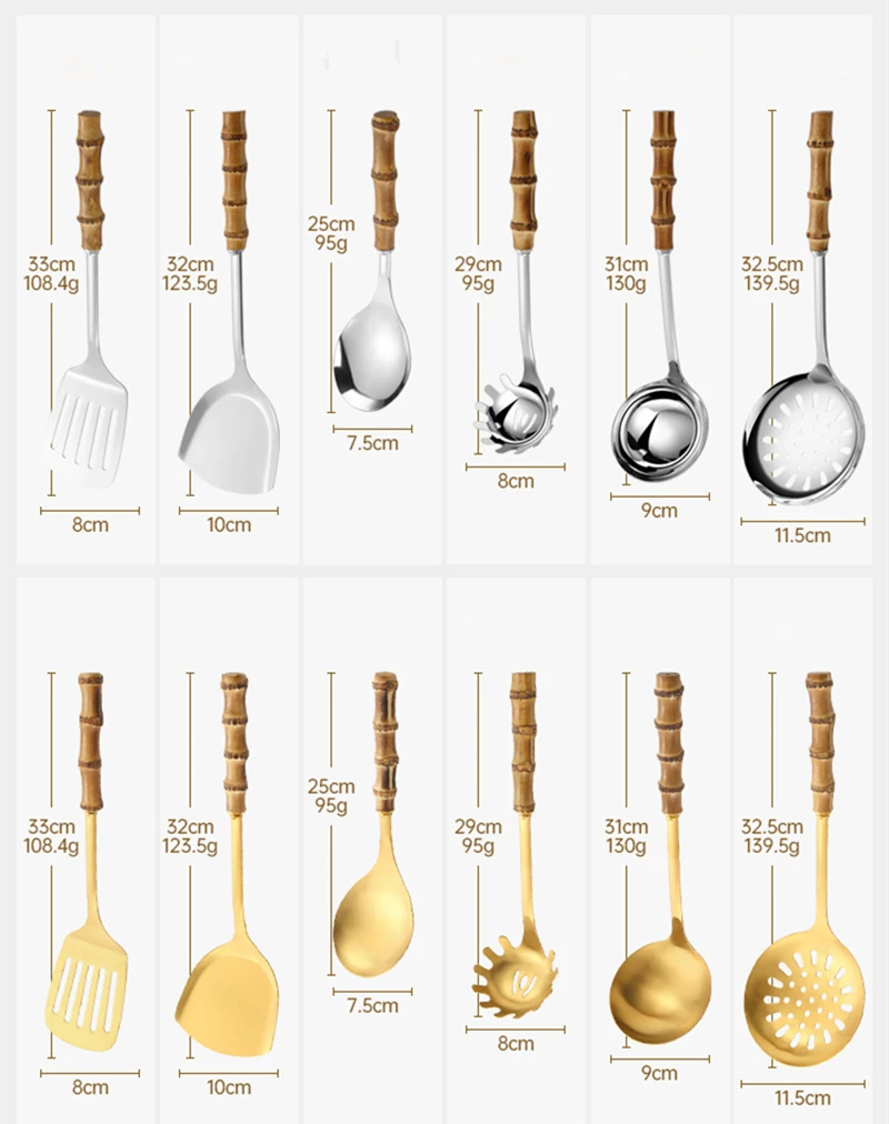 Color: army green - Natural bamboo handle stainless steel frying shovel Japanese-style soup spoon Creative new colander shovel kitchen utensils set