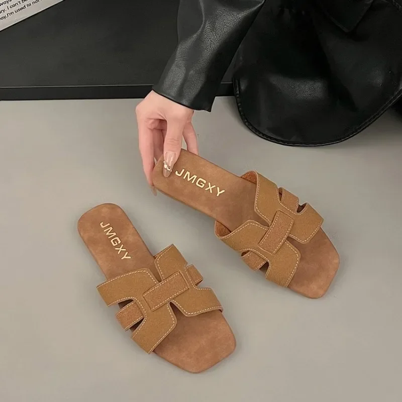 Color: Brown, Shoe Size: 36 - Summer New Women Slippers Flat Bottom Non-slip Outdoor Open Toe Beach Female Sandals Sexy Fashion Design Slides Woman Shoes