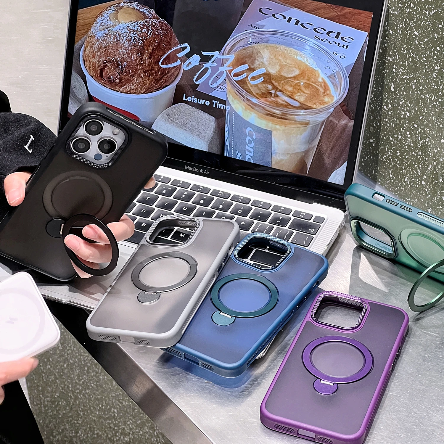 Color: black, Material: EVA - For iPhone 15 Pro Max 360?° Rotation Magnetic Holder Stand Matte Phone Case For iPhone 11 12 13 14 15 Plus Heat Dissipation Cover