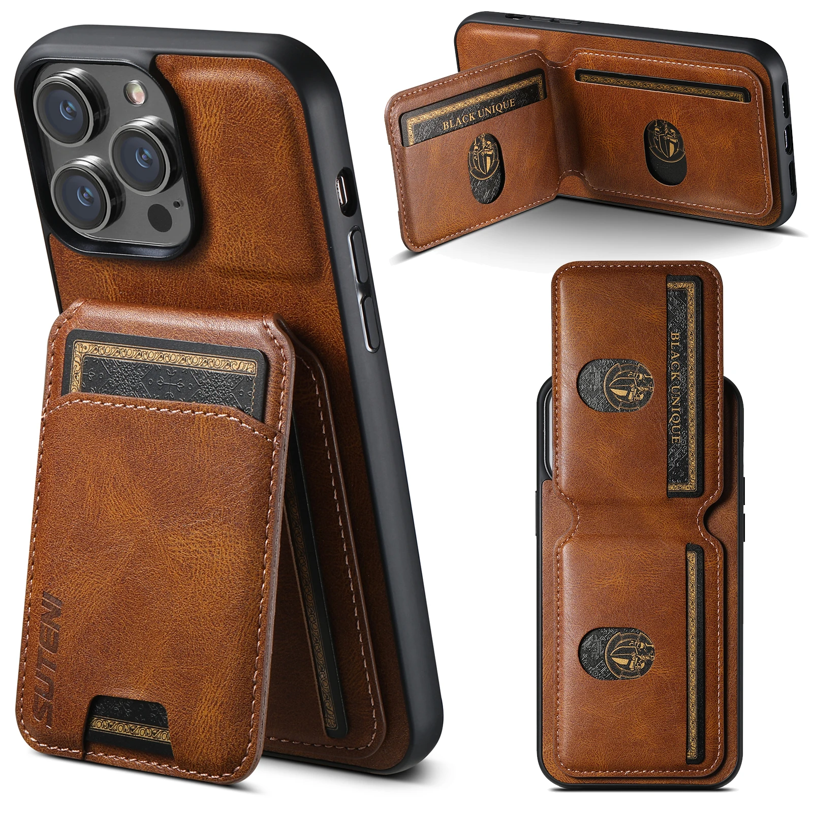 Color: Black, Material: PC - SUTENI Card Holder Leather Magnetic Pocket Cover Wallet Phone Case For iPhone X XS XR 11 12 13 14 15 Pro Max Plus