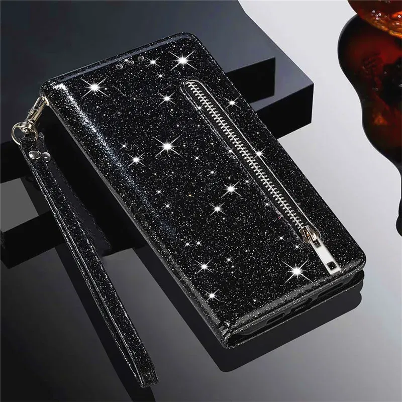Color: black, Material: leather - Zipper Flip Wallet Glitter Leather Case for iPhone 16 15 14 13 12 11 Pro Max XS XR 8 7 Plus SE 2022 Mini Bling Stand Phone Cover