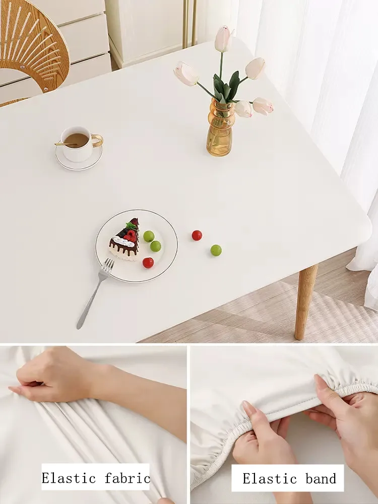 Color: Light Grey, Specification: 60*60cm - Solid color PU leather table cover fixable elastic tablecloth waterproof round square Table cloth custom table protector