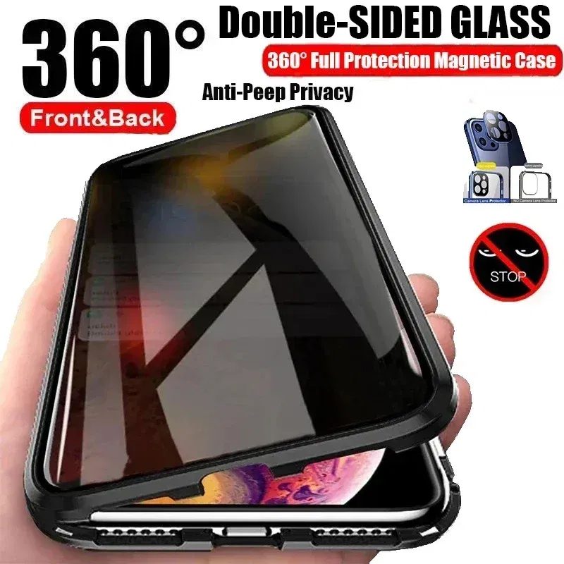Color: Blue, Material: ABS - Double-Sided Privacy Magnetic Case For iPhone 16 12 13 14 15 11 Pro Max 14 Plus 16 Plus Anti Peeping Full Cover Metal Frame Case