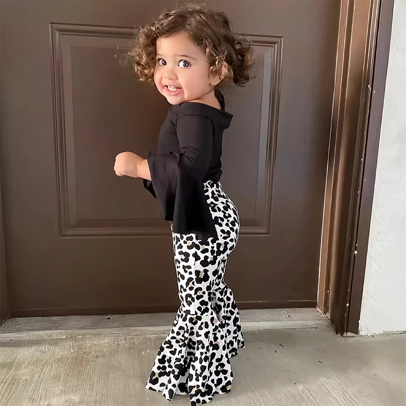 Color: black, Kid Size: 4T - 2pcs Baby Girl Clothes Sets Black Pullover Top + Leopard Print Bell-Bottoms Autumn Children's Clothing For 2 3 4 5 7 8 Years Old