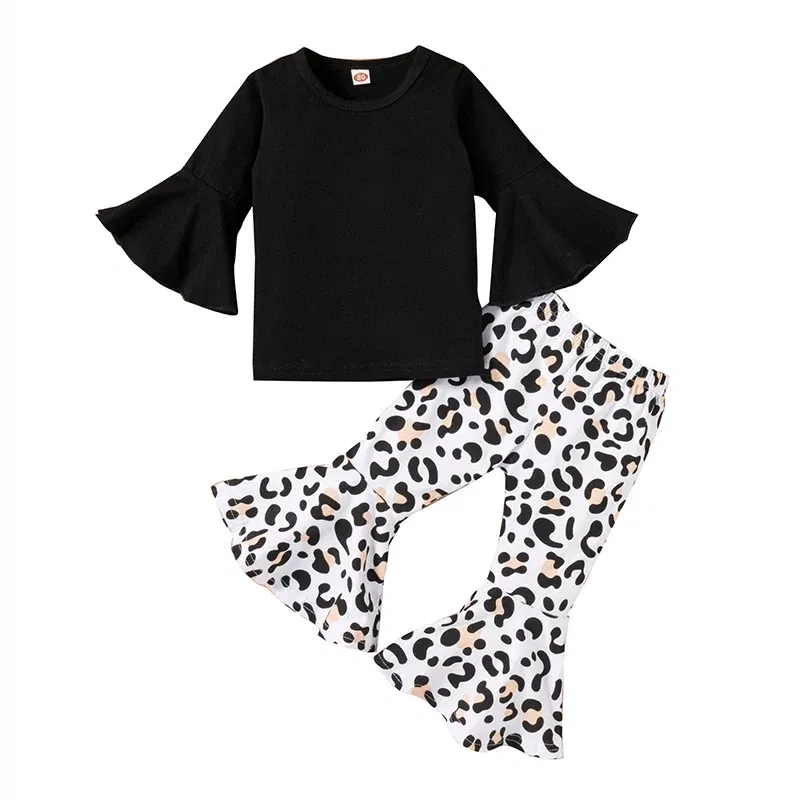 Color: black, Kid Size: 4T - 2pcs Baby Girl Clothes Sets Black Pullover Top + Leopard Print Bell-Bottoms Autumn Children's Clothing For 2 3 4 5 7 8 Years Old