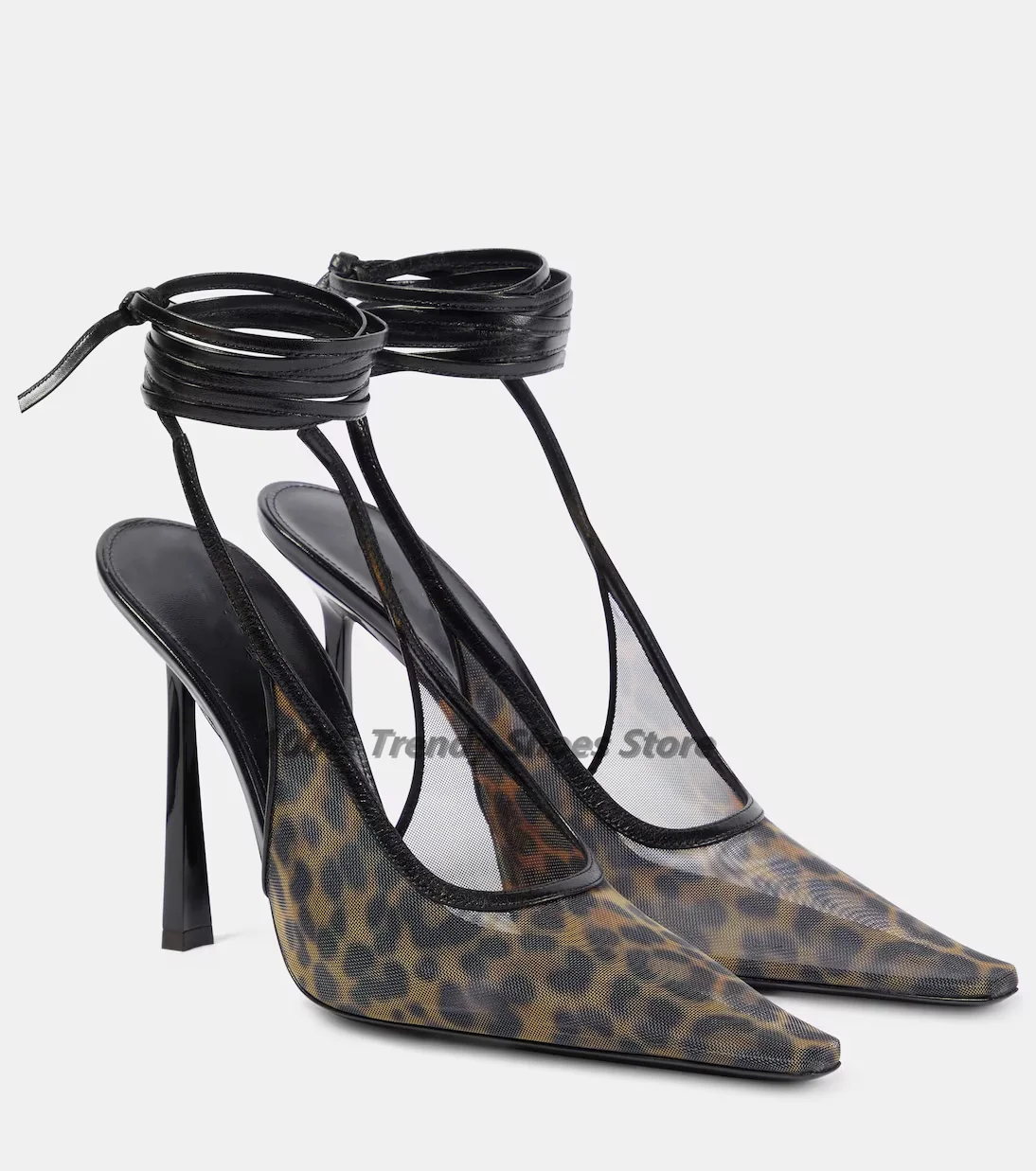 Color: Brown, Shoe Size: 42, Ships From: CHINA - European and American Leopard Print Mesh High-heeled Sandals, Sexy and Fashionable, Hot Selling Women's Shoes