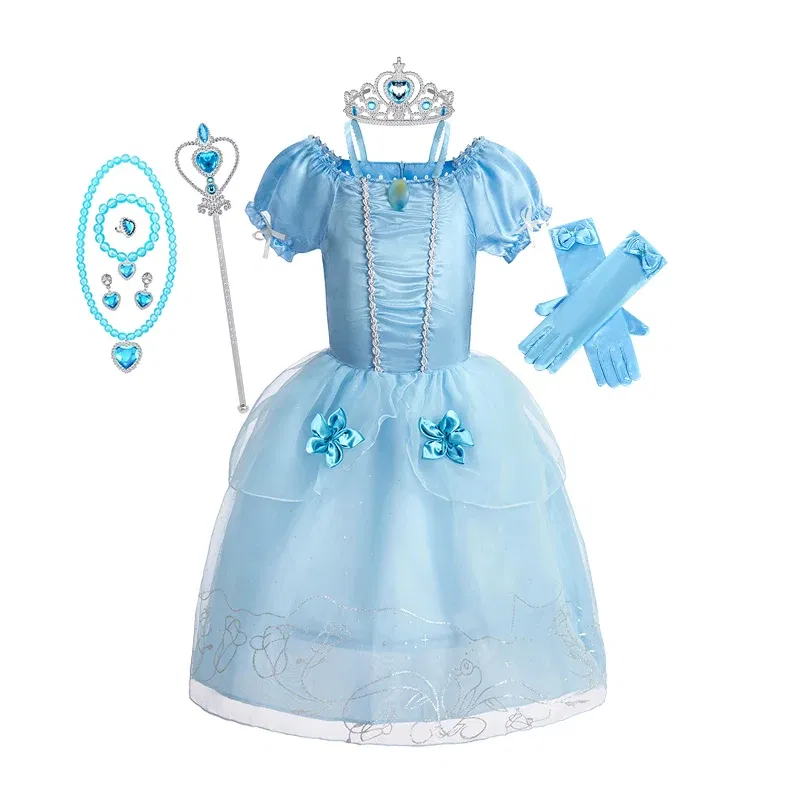 Color: Khaki, Kid Size: 13 - Disney Deluxe Elegant Rapunzel Princess Ball Gown Fancy Birthday Party Dress Cinderella Vestidos Costume Play Carnival Apparel
