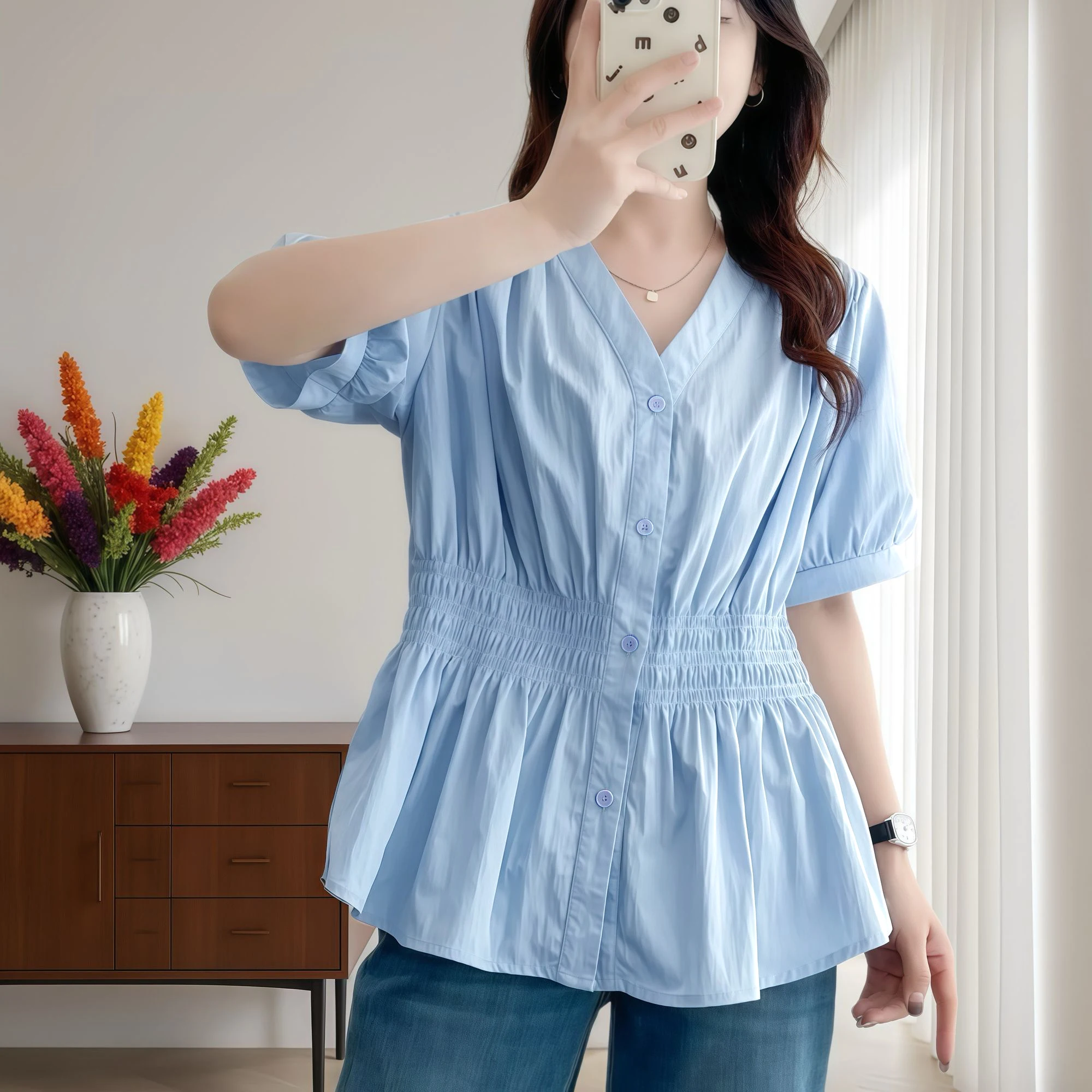 Color: Glowing Yellow, Size: 4XL - 200 Pounds Plus Size Elastic Waist Summer Shirt And Blouse Short Sleeve Solid Top Women's New In Clothes Simple V-neck French