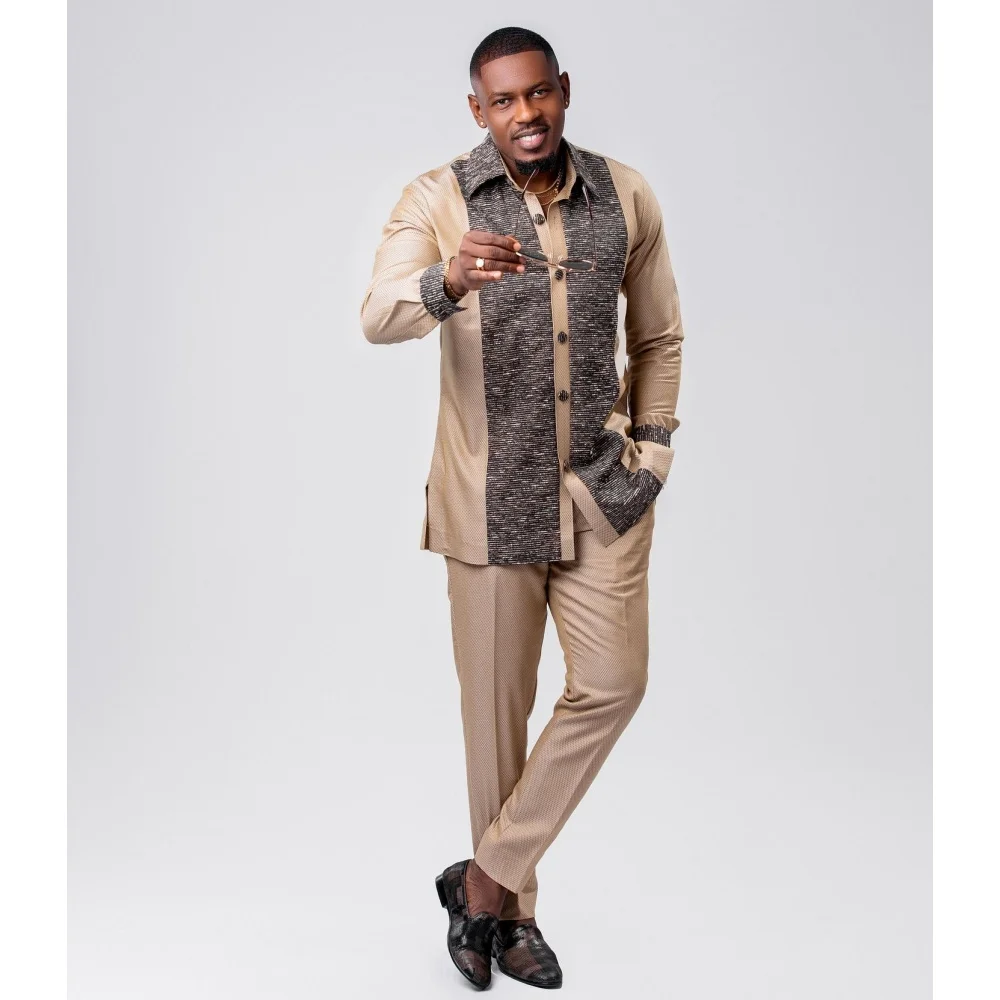 Color: Brown, Size: S - 2025 new traditional men's suit luxury gentleman's shirt suit casual travel banquet men's two-piece set fashionable men's suit