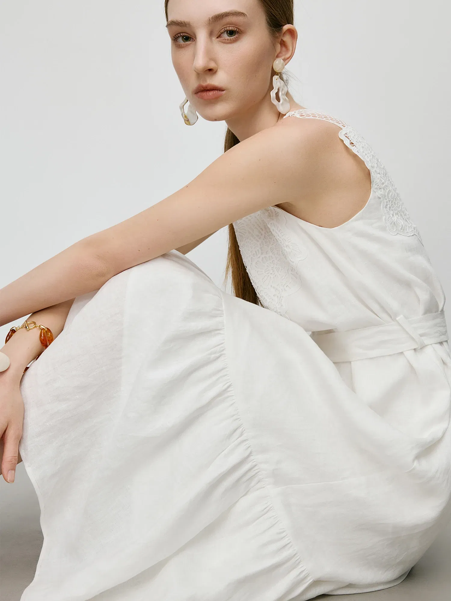 Color: WHITE, Size: L - FSLE【Premium Series?‘100% Linen Holiday Style Sleeveless White Long Dress Women Summer A-LINE Dress With Sashes 25FE12046