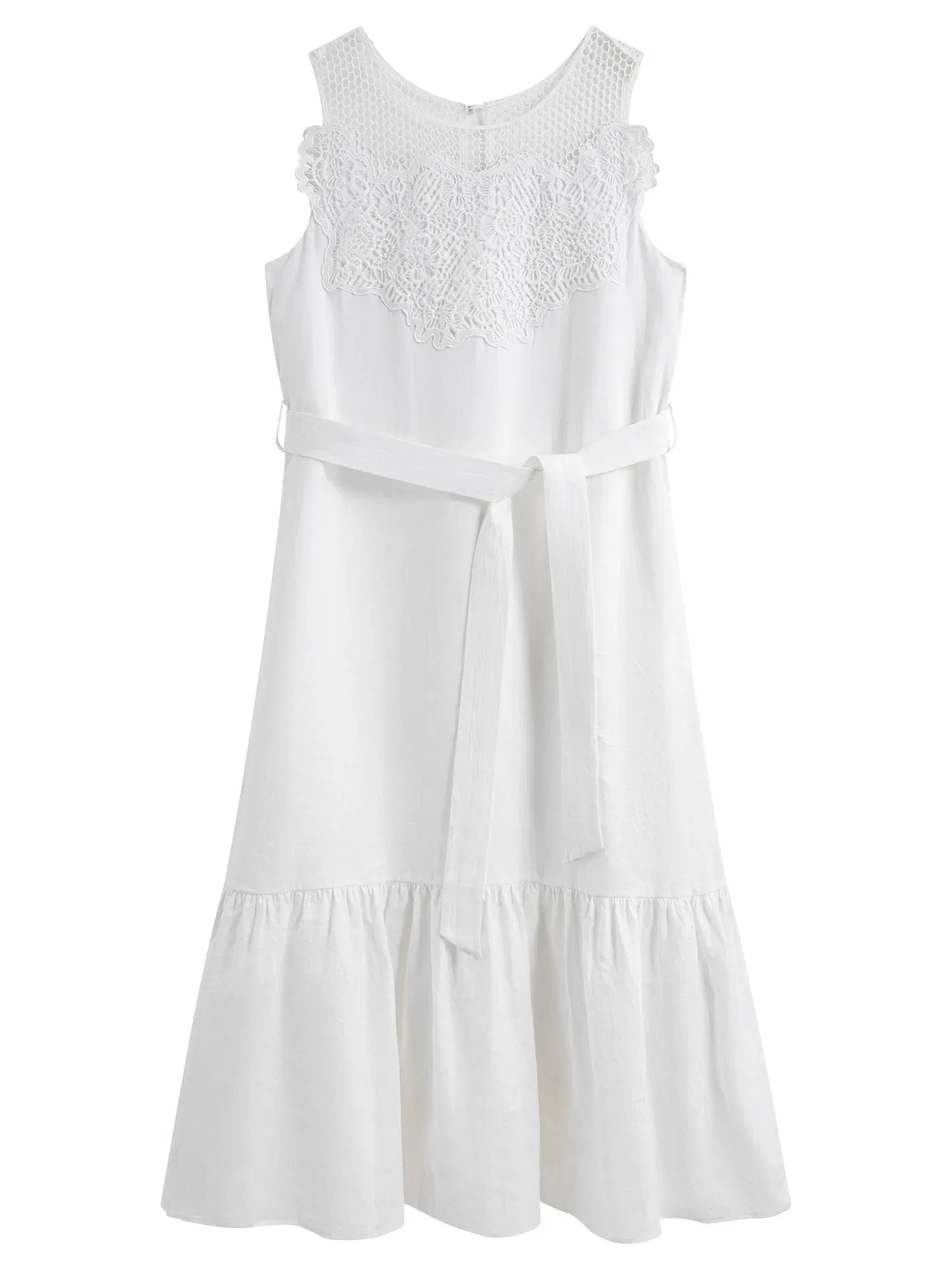 Color: WHITE, Size: L - FSLE【Premium Series?‘100% Linen Holiday Style Sleeveless White Long Dress Women Summer A-LINE Dress With Sashes 25FE12046