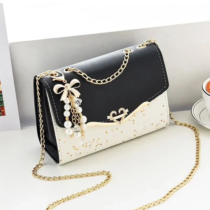 Color: Beige - Trendy Fashion Ladies Crossbody Small Square Bag Girls Shoulder Bag Cross Square Tassel Pendant Sequin Embellished PU Polyester