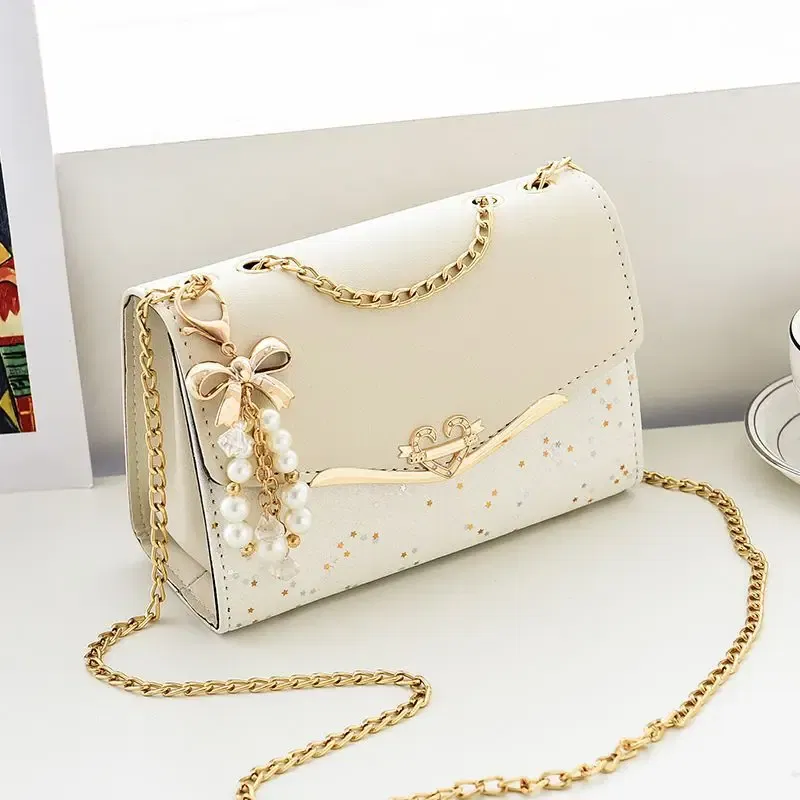 Color: Beige - Trendy Fashion Ladies Crossbody Small Square Bag Girls Shoulder Bag Cross Square Tassel Pendant Sequin Embellished PU Polyester