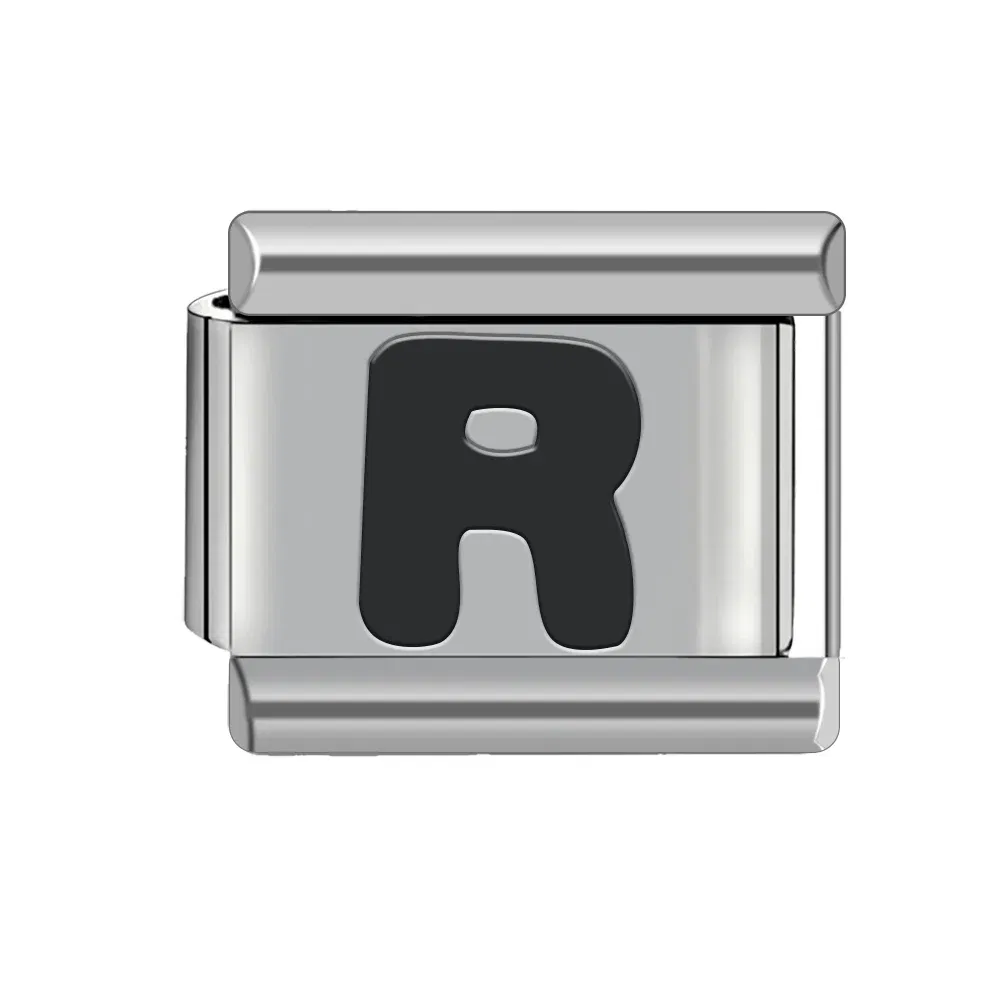 Metal Color: Rhodium Plated - Black 26 Letter 9mm Diy Italian Charm Stainless Steel Bracelet