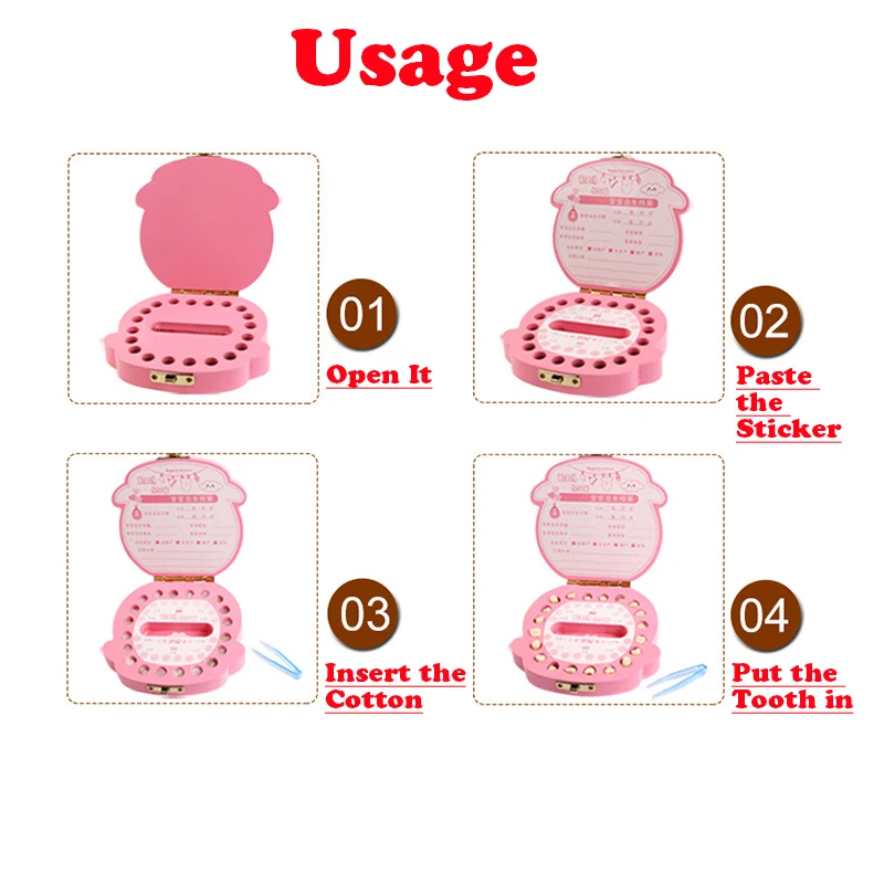 Color: Orange - Cute Wooden Baby Tooth Box Boxes Kids Milk Teeth Storage Box English/Spanish/French/Russian/Italian/Portuguese Keepsake Boxes