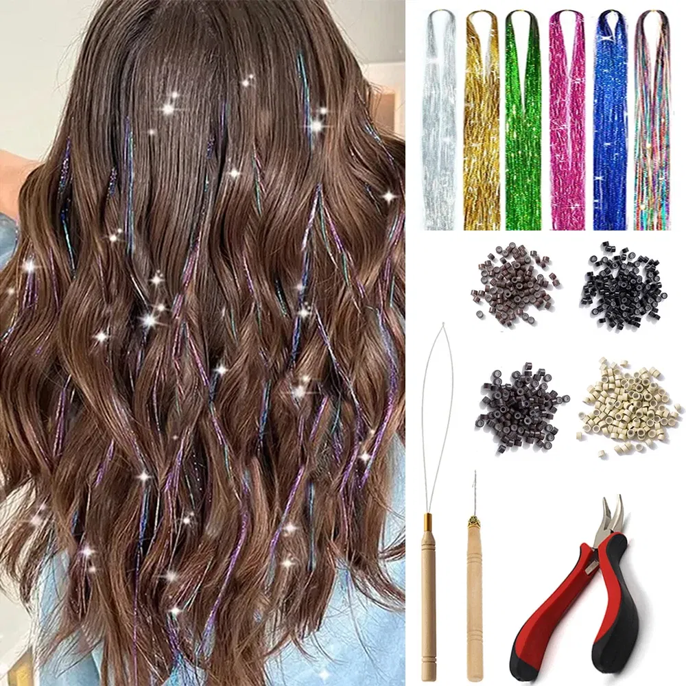Color: #6, Stretched Length: 24inches - 48 Inch Hair Tinsel Kit With Tool 1200 strands Tinsel Hair Extensions 12 Colors Fairy Hair Tinsel, Sparkling Shiny Hair Tinsel